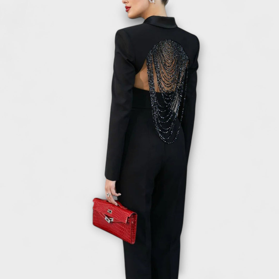 Noa  ｜ Čierny sako set s perličkami a odhaleným chrbtom