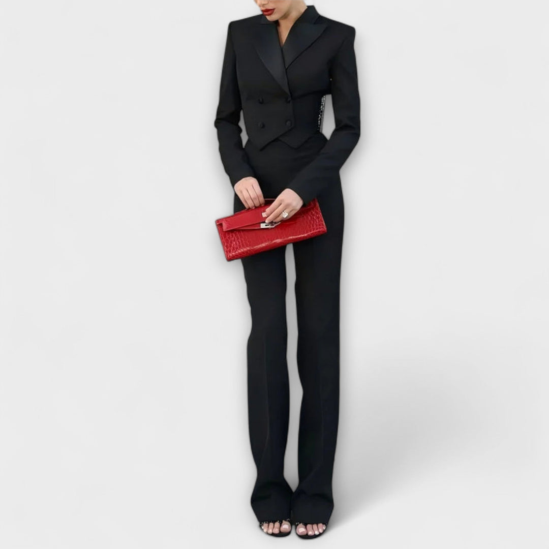 Noa  ｜ Čierny sako set s perličkami a odhaleným chrbtom