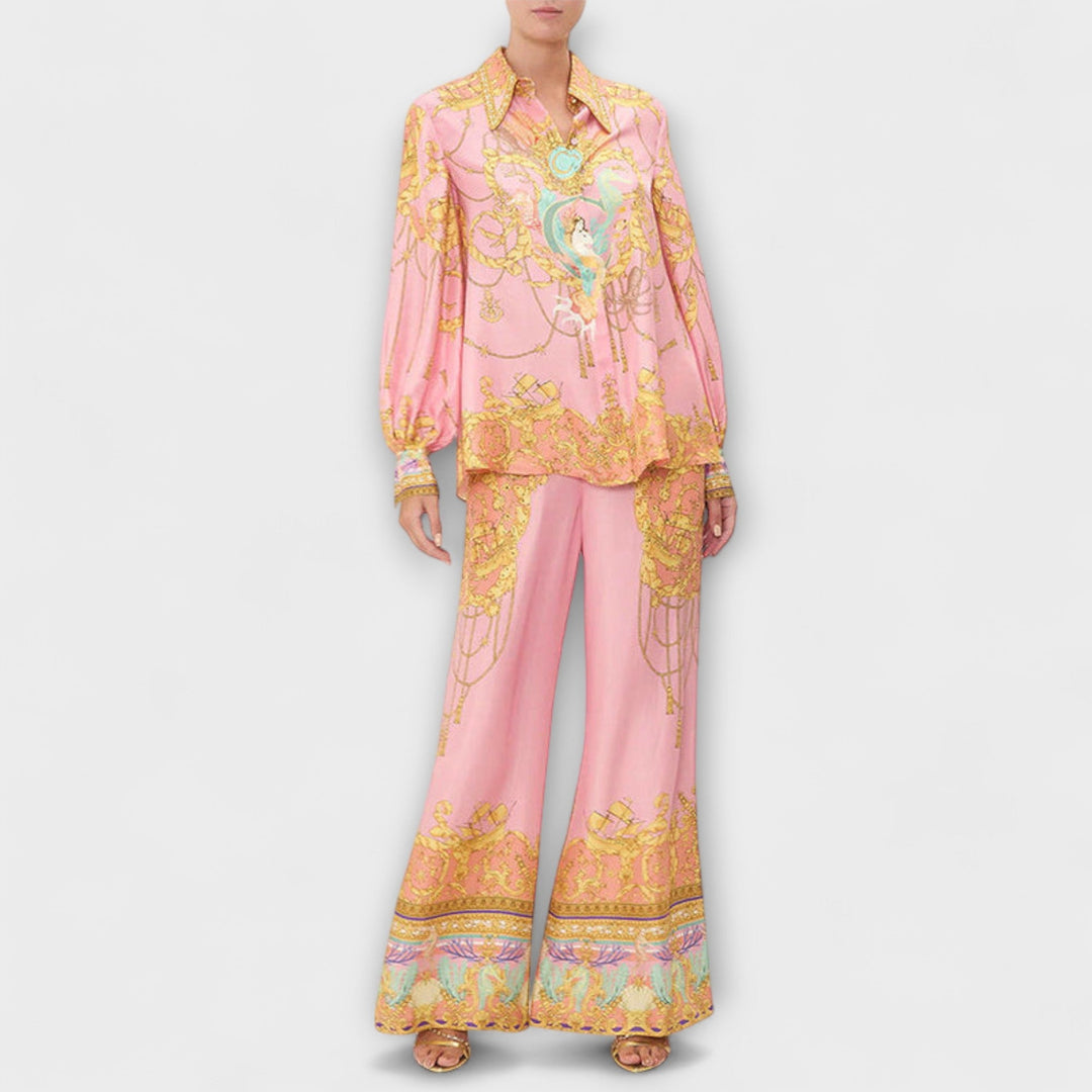 Sage  ｜ Uvoľnená košeľa s morskou pannou a elastické nohavice s vysokým pásom